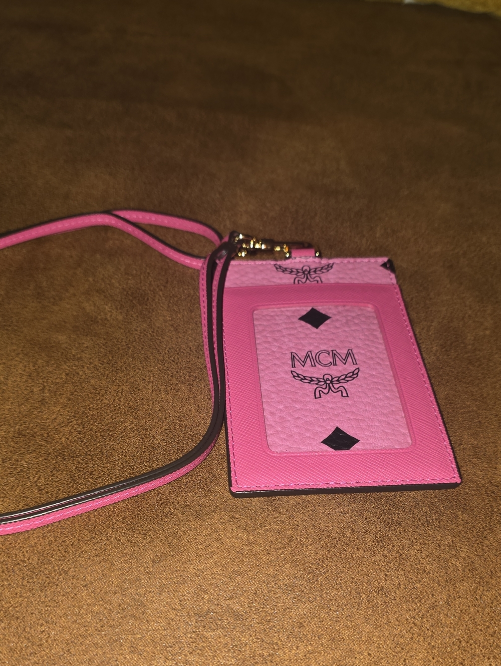 Authentic MCM Pink Leather ID Card Holder with Lanyard